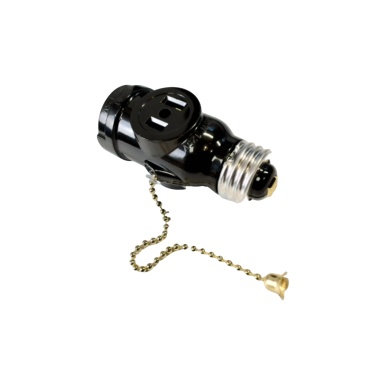 Pull chain socket adapter medium base single to twin outlets black